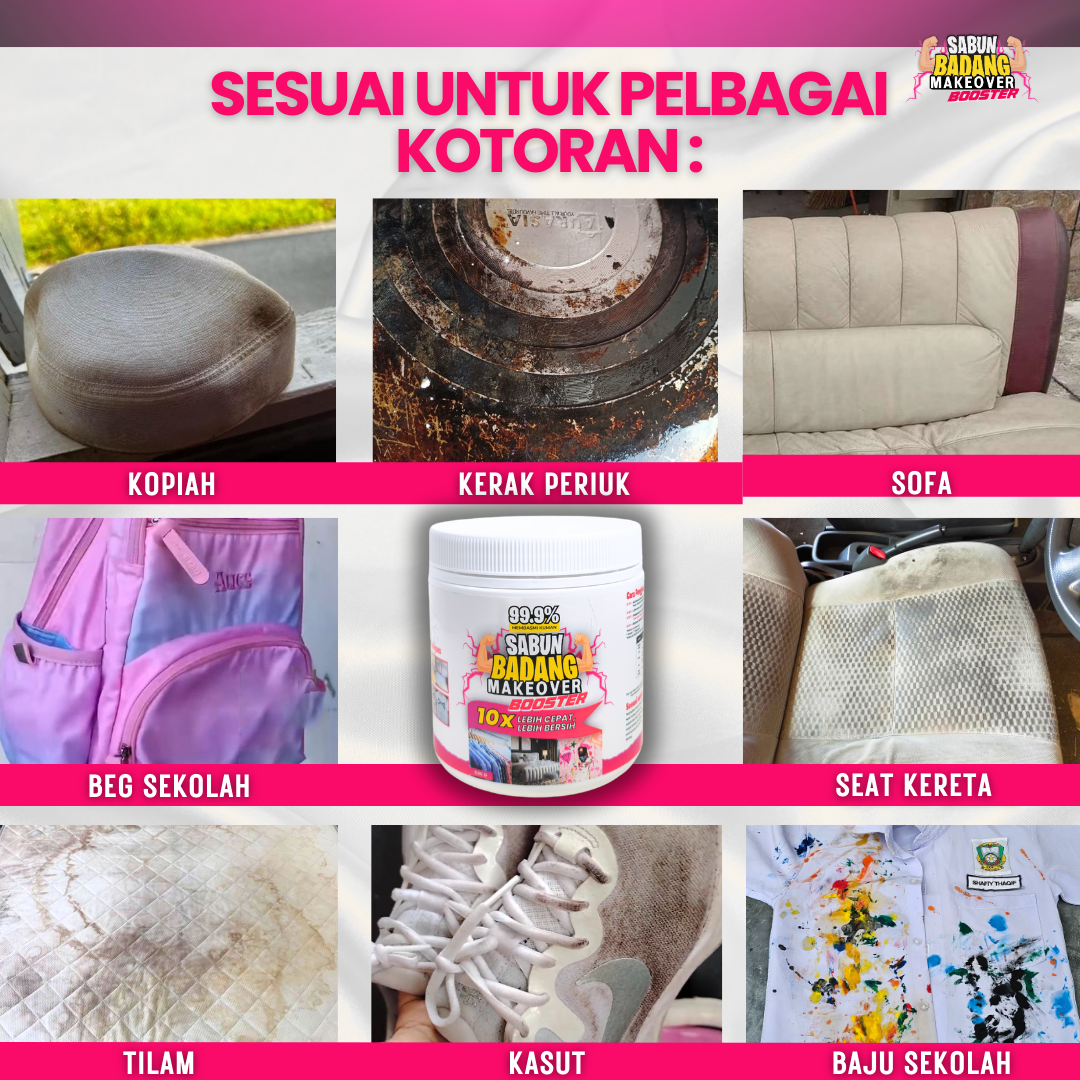 Sabun Badang Makeover Booster Cleaner Multifunction Serbuk Viral Hilangkan Kotoran Degil Tahi Lalat Fabrik Warna Luntur Watercolour Darah Minyak Baju Putih Sekolah Telekung Kereta Kuali Kasut Periuk Sofa Beg Bundle Tudung Karpet Basuh Cuci Rendam