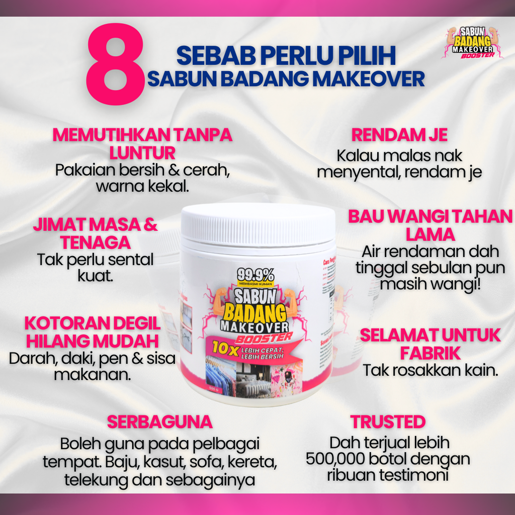 Sabun Badang Makeover Booster Cleaner Multifunction Serbuk Viral Hilangkan Kotoran Degil Tahi Lalat Fabrik Warna Luntur Watercolour Darah Minyak Baju Putih Sekolah Telekung Kereta Kuali Kasut Periuk Sofa Beg Bundle Tudung Karpet Basuh Cuci Rendam