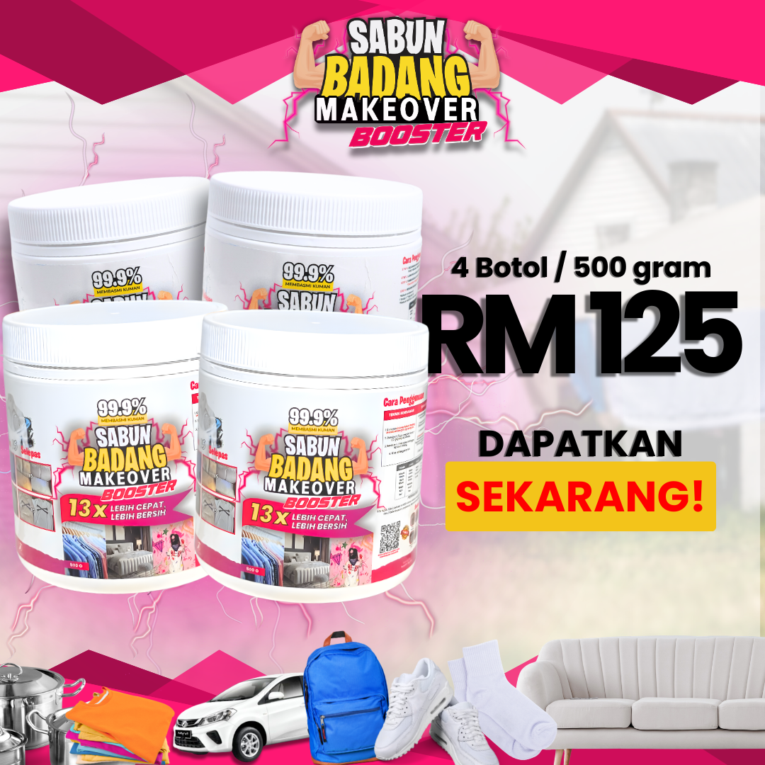 Sabun Badang Makeover Booster Cleaner Multifunction Serbuk Viral Hilangkan Kotoran Degil Tahi Lalat Fabrik Warna Luntur Watercolour Darah Minyak Baju Putih Sekolah Telekung Kereta Kuali Kasut Periuk Sofa Beg Bundle Tudung Karpet Basuh Cuci Rendam
