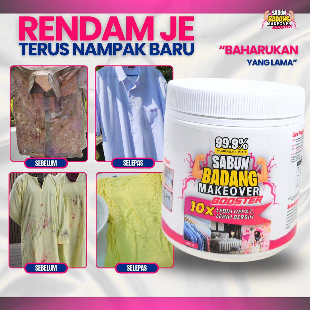 Sabun Badang Makeover Booster Cleaner Multifunction Serbuk Viral Hilangkan Kotoran Degil Tahi Lalat Fabrik Warna Luntur Watercolour Darah Minyak Baju Putih Sekolah Telekung Kereta Kuali Kasut Periuk Sofa Beg Bundle Tudung Karpet Basuh Cuci Rendam