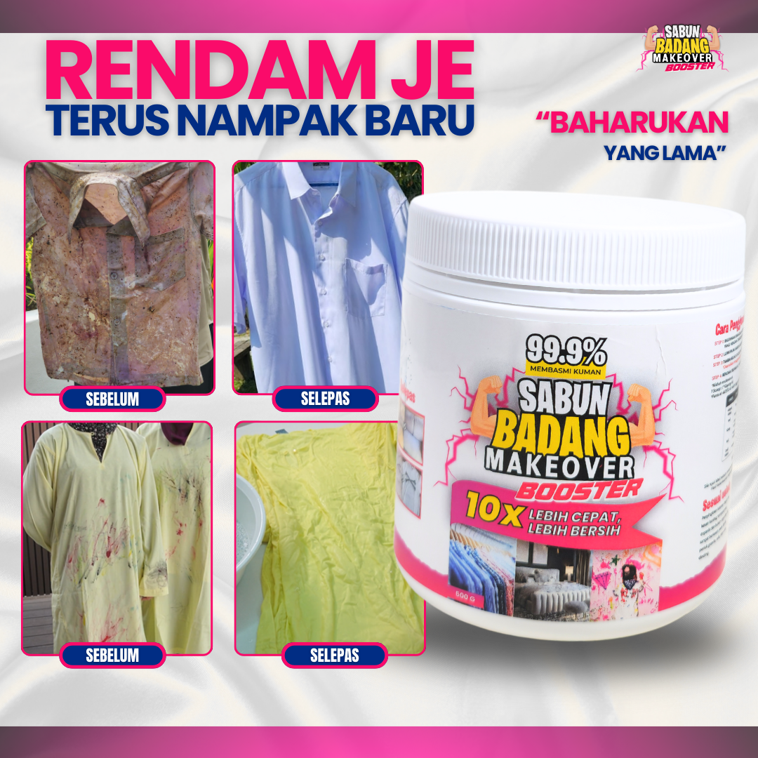 Sabun Badang Makeover Booster Cleaner Multifunction Serbuk Viral Hilangkan Kotoran Degil Tahi Lalat Fabrik Warna Luntur Watercolour Darah Minyak Baju Putih Sekolah Telekung Kereta Kuali Kasut Periuk Sofa Beg Bundle Tudung Karpet Basuh Cuci Rendam
