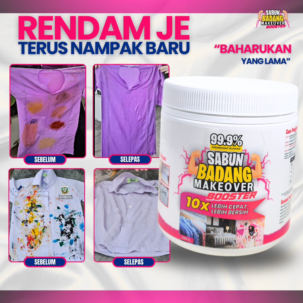 Sabun Badang Makeover Booster Cleaner Multifunction Serbuk Viral Hilangkan Kotoran Degil Tahi Lalat Fabrik Warna Luntur Watercolour Darah Minyak Baju Putih Sekolah Telekung Kereta Kuali Kasut Periuk Sofa Beg Bundle Tudung Karpet Basuh Cuci Rendam