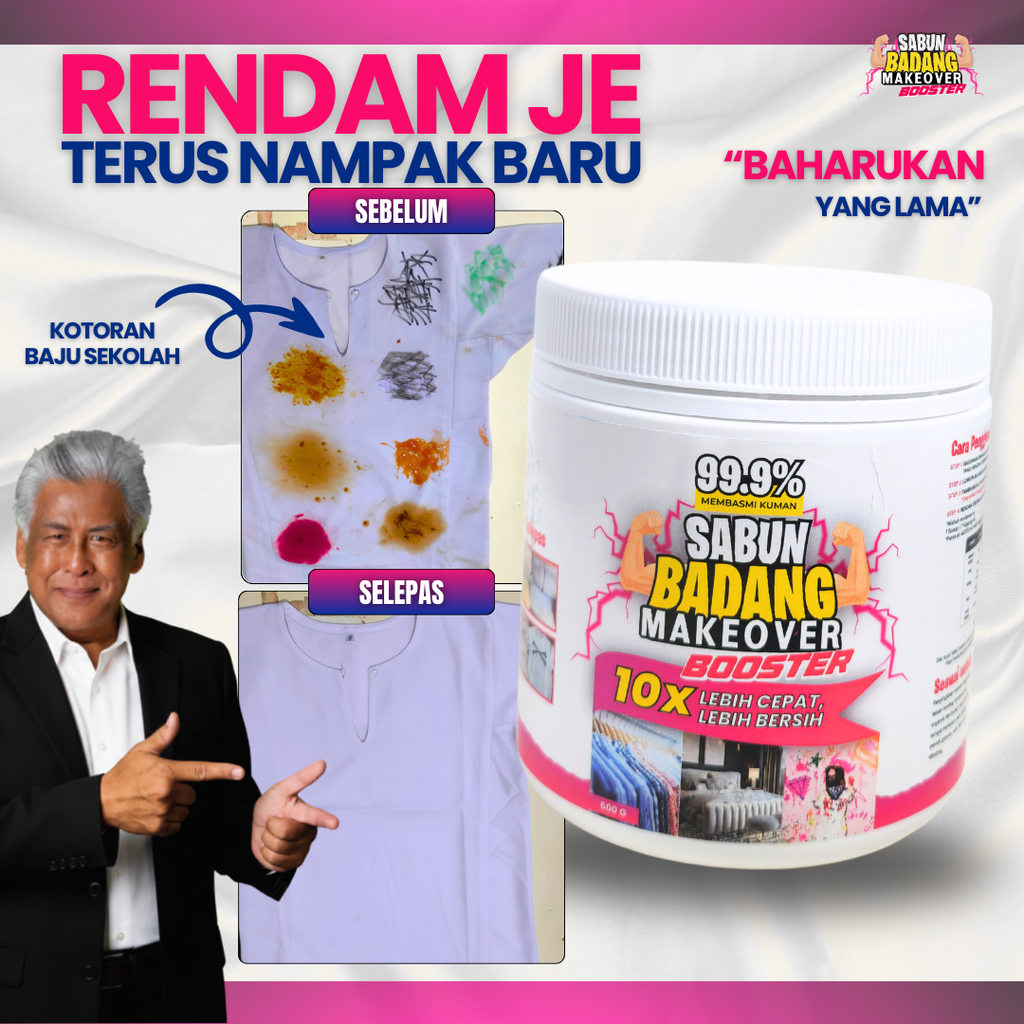 Sabun Badang Makeover Booster Cleaner Multifunction Serbuk Viral Hilangkan Kotoran Degil Tahi Lalat Fabrik Warna Luntur Watercolour Darah Minyak Baju Putih Sekolah Telekung Kereta Kuali Kasut Periuk Sofa Beg Bundle Tudung Karpet Basuh Cuci Rendam