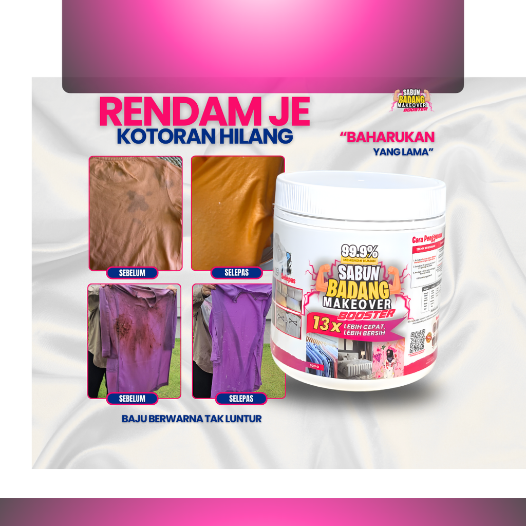 Sabun Badang Makeover Booster Cleaner Multifunction Serbuk Viral Hilangkan Kotoran Degil Tahi Lalat Fabrik Warna Luntur Watercolour Darah Minyak Baju Putih Sekolah Telekung Kereta Kuali Kasut Periuk Sofa Beg Bundle Tudung Karpet Basuh Cuci Rendam