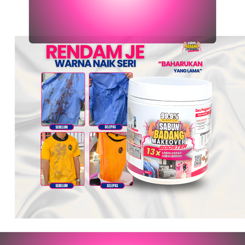 Sabun Badang Makeover Booster Cleaner Multifunction Serbuk Viral Hilangkan Kotoran Degil Tahi Lalat Fabrik Warna Luntur Watercolour Darah Minyak Baju Putih Sekolah Telekung Kereta Kuali Kasut Periuk Sofa Beg Bundle Tudung Karpet Basuh Cuci Rendam